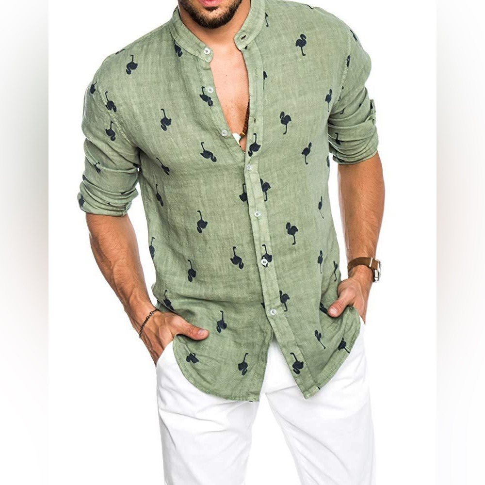 Nohow Men's Green Flamingo  Print Shirt Size M
